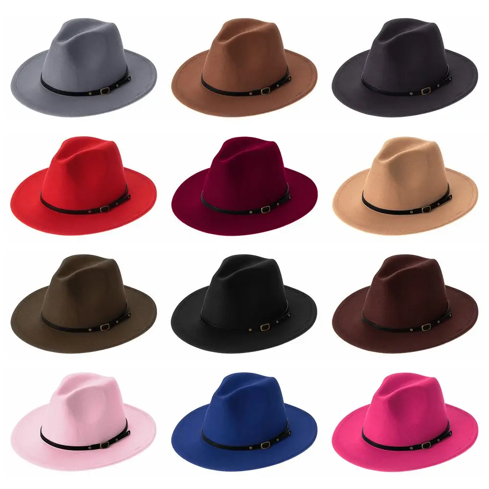 Men & Women with Belt Buckle Wide Brim Felt Fedora Hats Cowboy Hat Panama Jazz Hat Outback Hat