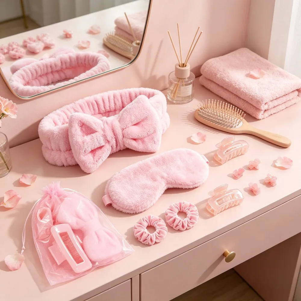 1-15 Spa Hair Accessory Set Pink Makeup Headband Sleep Mask Hair Claws Scrunchies Bag Holiday Party Gift