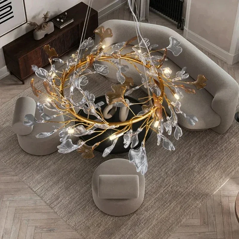 Luxury Hanging Crystal Chandelier LED Bedroom Living Room Restaurant Hotel Round Glass Leaf Crystal Nordic Branch Pendant Lights