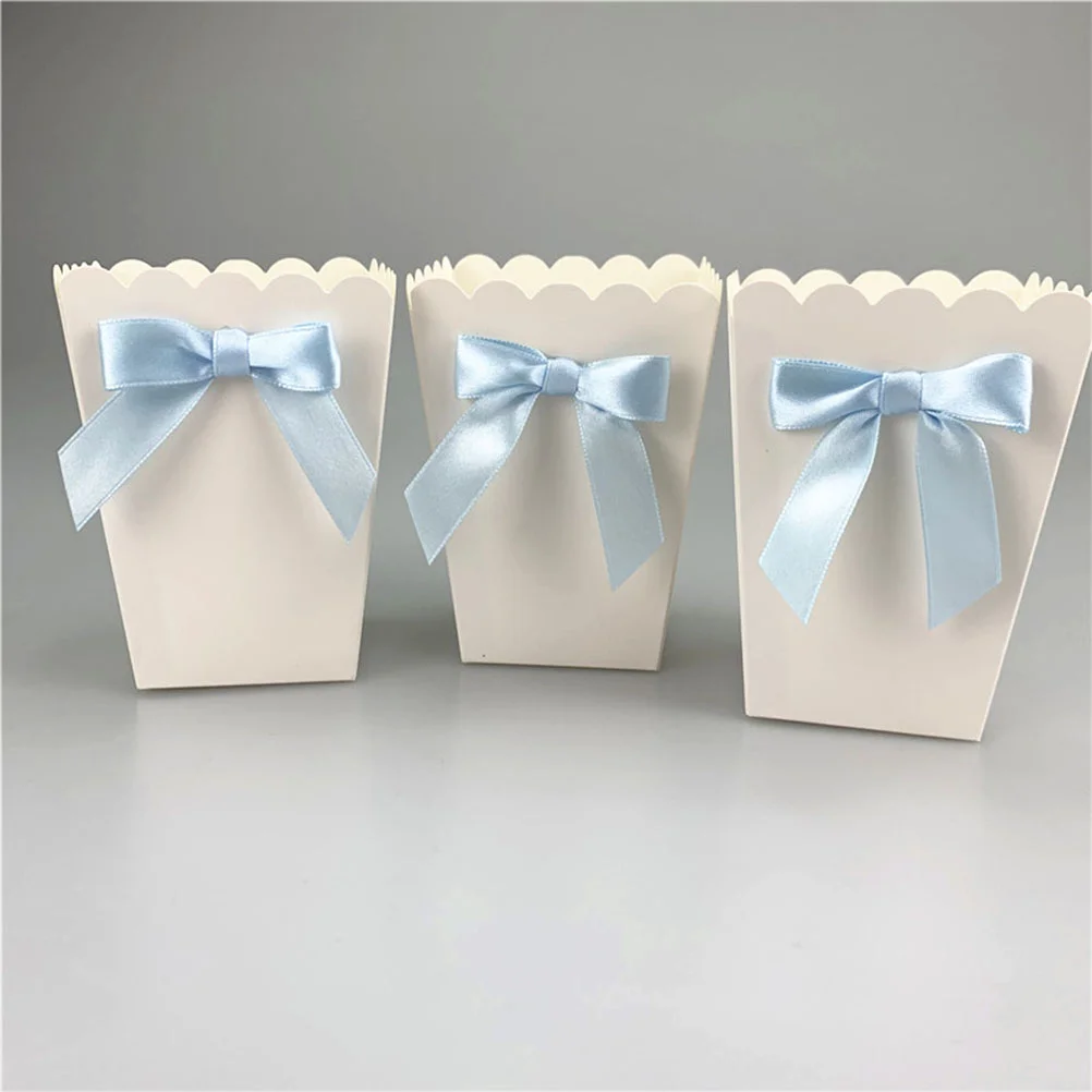 

12pcs Bow White Popcorn Boxes Candy Snack Printing Treat Box Decoration Container Birthday Baby Showers Wedding Party Favors Sup