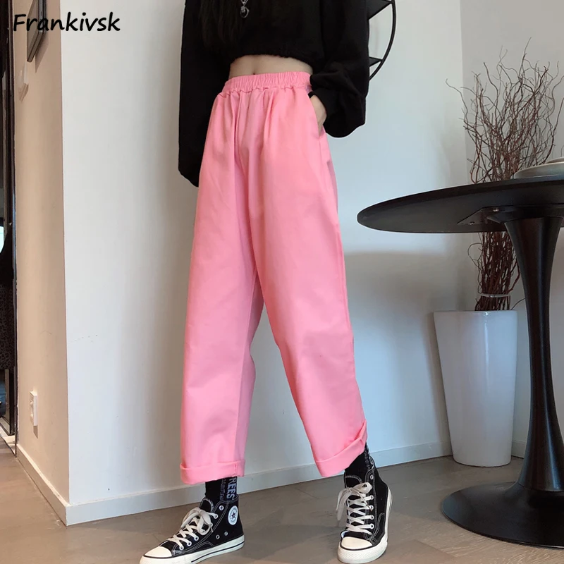 

Pants for Women Elastic Waist Loose Chic Spring Summer Casual Cozy All-match Solid Colors Ankle-length Ulzzang Commuting Daily