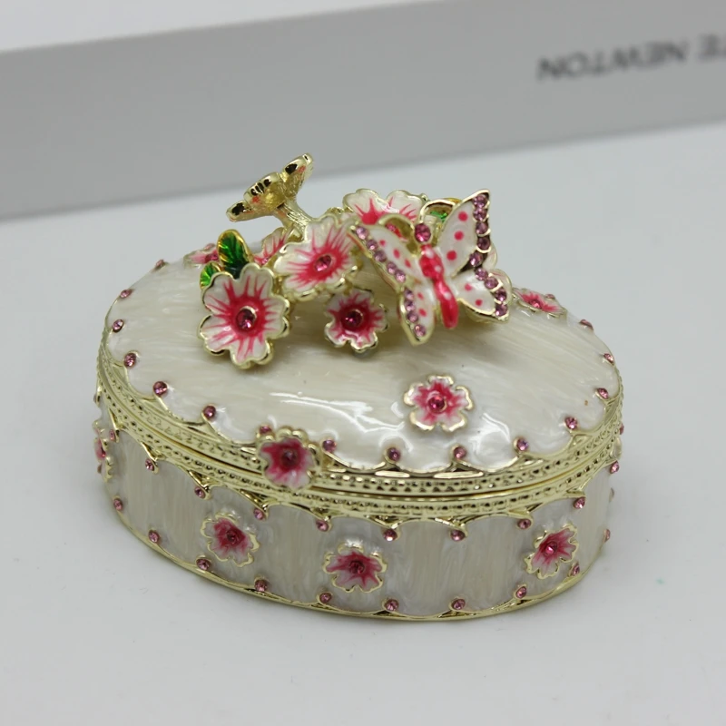

SHINNYGIFTS Handmade Enamel Butterfly Love Flower Trinket Box Oval shape Decoration Jewelry Box Wedding Favor