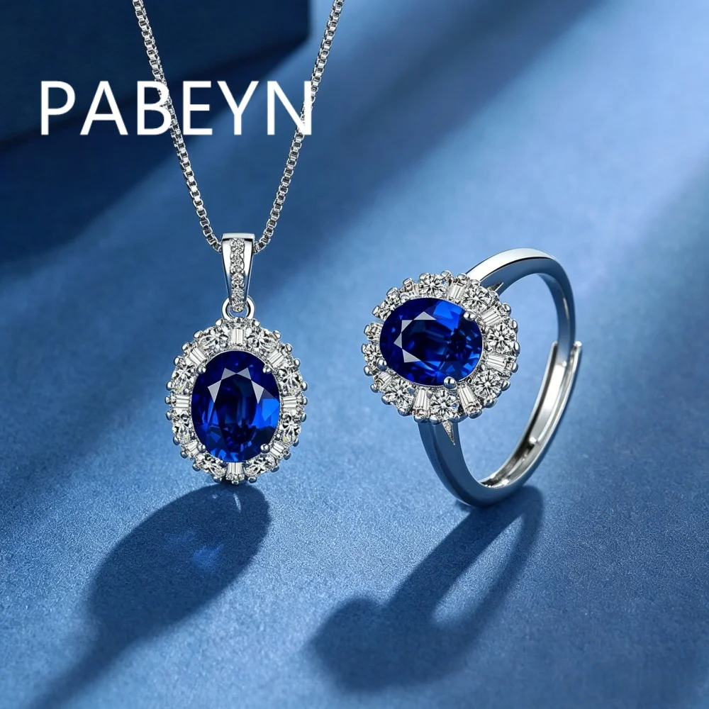 925 Sterling Silver Fashion Classic Blue Oval Zircon Ring Earrings Pendant Necklace Set Birthday Party Anniversary Gift