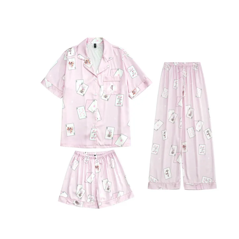 2024 Summer Three Piece Ice Silk Pajama Women Short Sleeve Set Pink Poker Ins Style Nightgown Sweet Cute Comfortable Loungewear