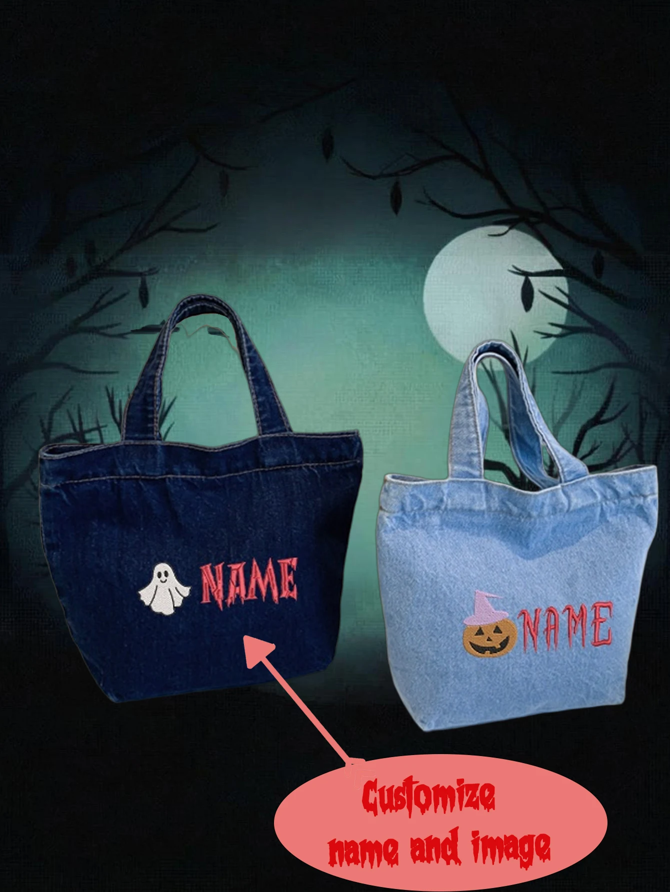 

Halloween Pattern Name Embroidery Cowboy Handheld Canvas Bag Bucket Bag Commuter Multi functional Storage Bag