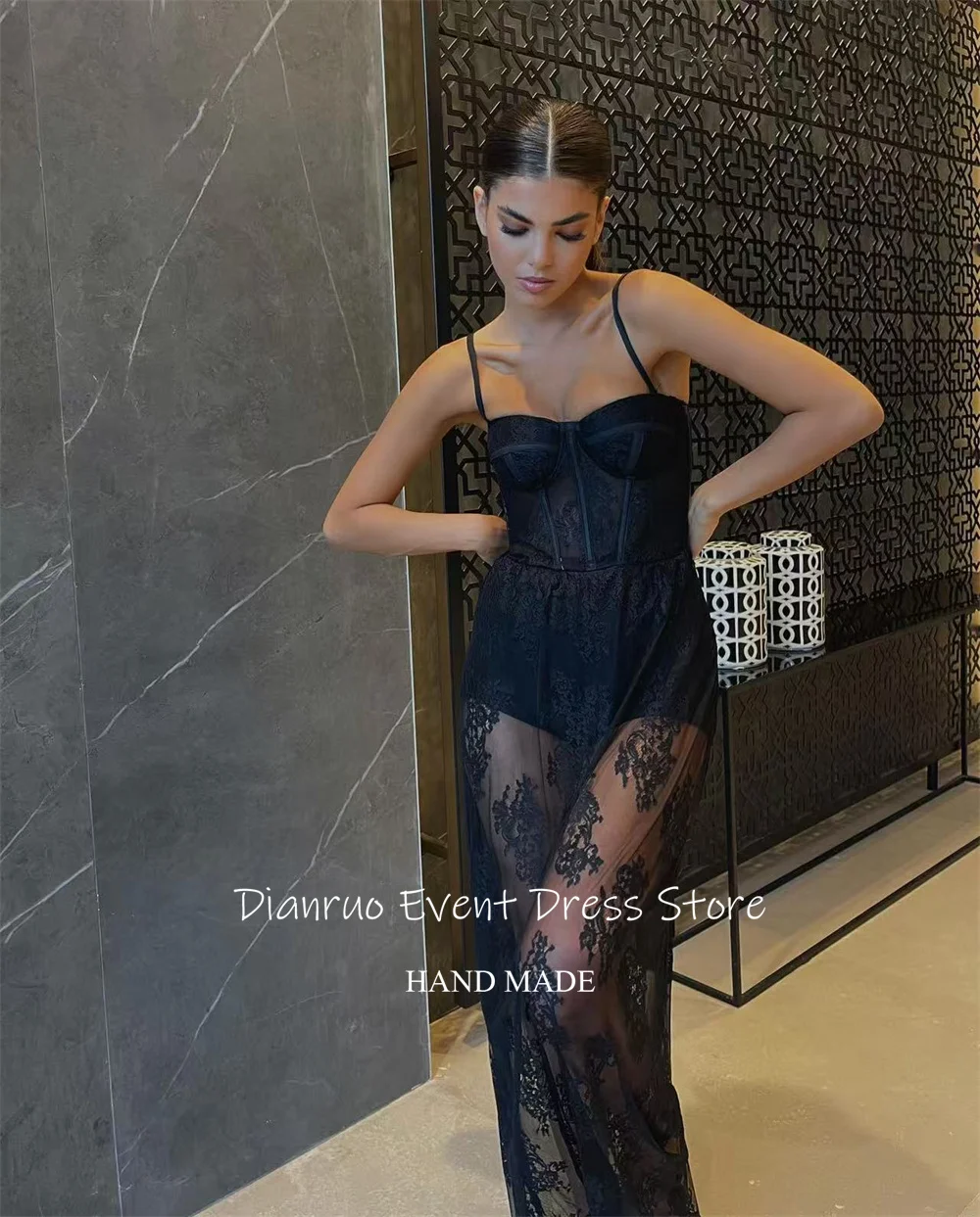 Dianruo Черное кружевное иллюзионное вечернее платье Длинное без бретелек Vestido De Novia Bodycon Spaghetti Strap Robe Soirées Chic Customized