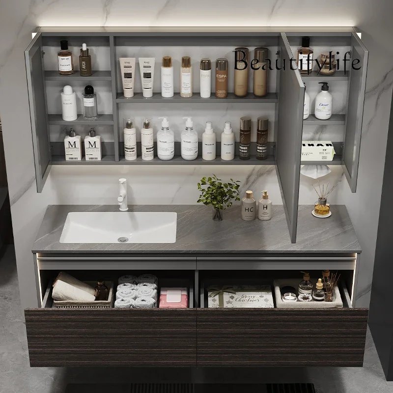 Modern simple solid wood bathroom cabinet combination rock slab seamless basin washbasin hotel wind wash basin  bathroom cabinet