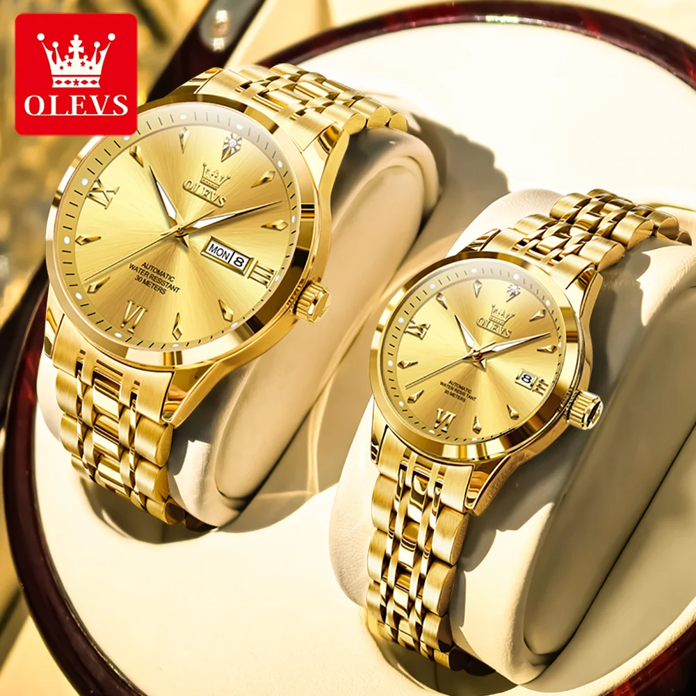 

OLEVS 9956 Часы для пар для мужчин и женщин, канальный календарь с бриллиантами, римская шкала, роскошные автоматические механические наручные часы для деловых влюбленных