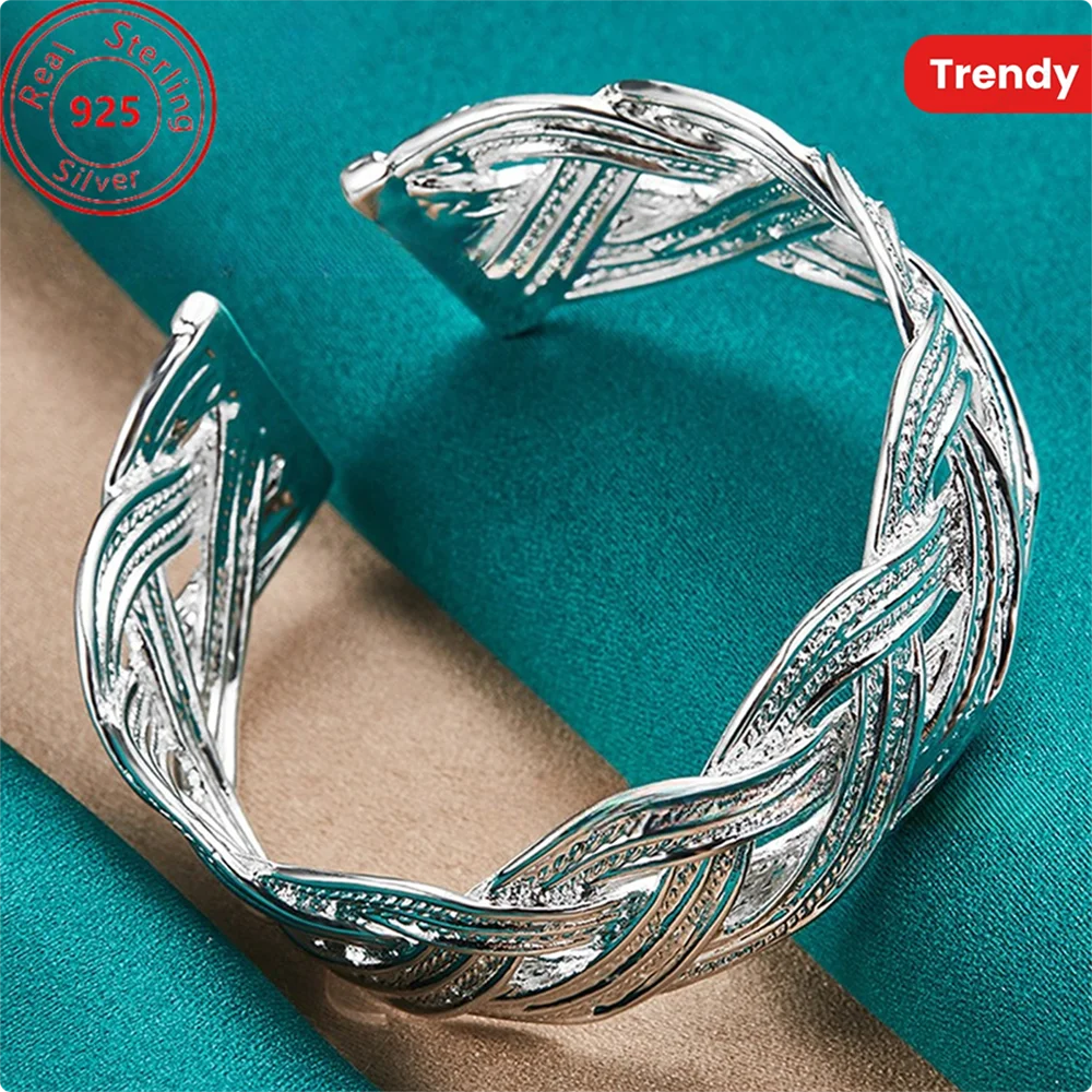 Luxury 925 Sterling Silver Simple Braided Knotted Open Bangle, Fashionable Women's Gift, Wedding Jewelry Accessories