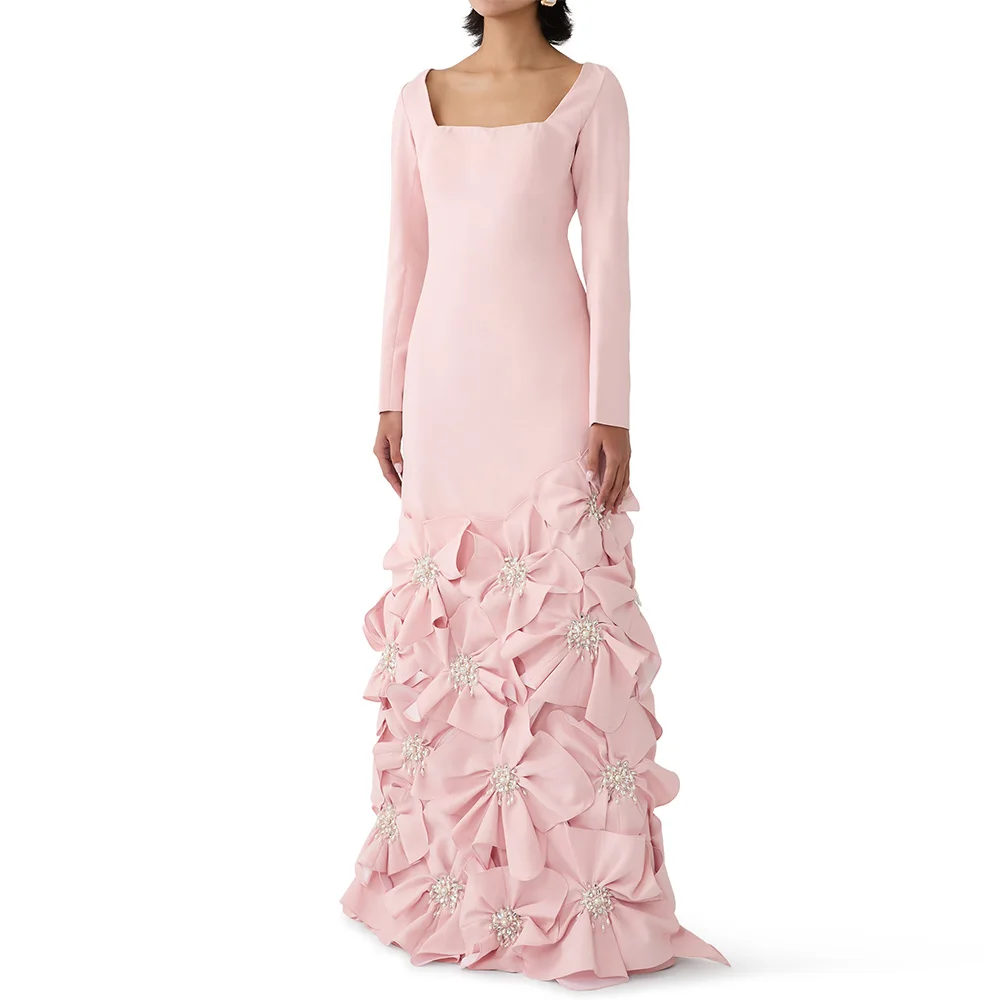 Fashion Pink Evening Dress Customized Square Neck Long Sleeves Pearls Flowers A Line Formal Prom Gown Pageant Party Dresses image 5