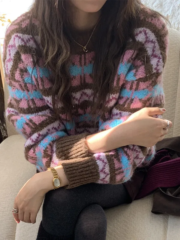 Suéter Retro coreano Sle redondo Ne de punto para mujer, suéter cálido con diseño de moda de invierno, Color Blo, bordado Floral