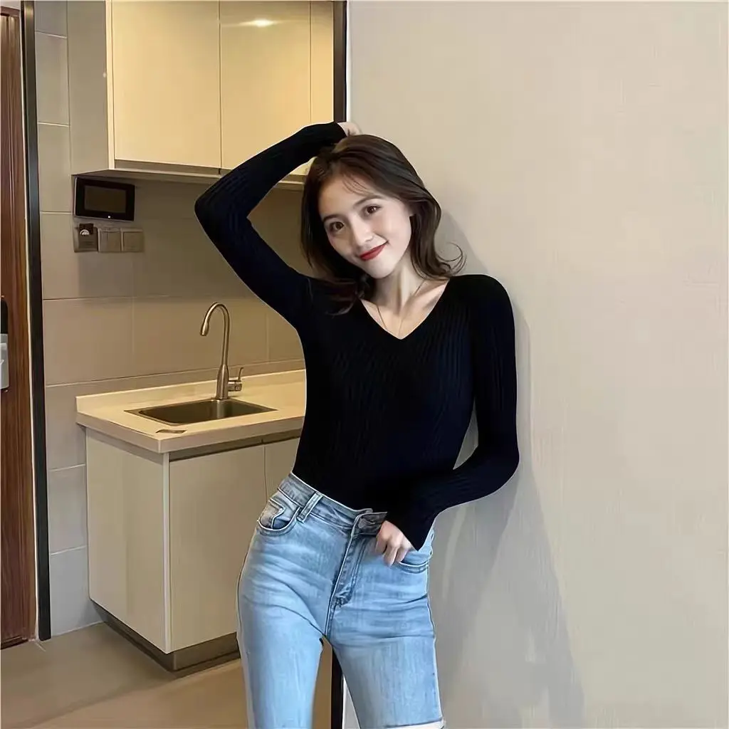 

New Women 100% Merino Wool Sweater V-neck Knitted Pullover Autumn Winter Casual Clothing Soft Bottoming Sweater Top for Party