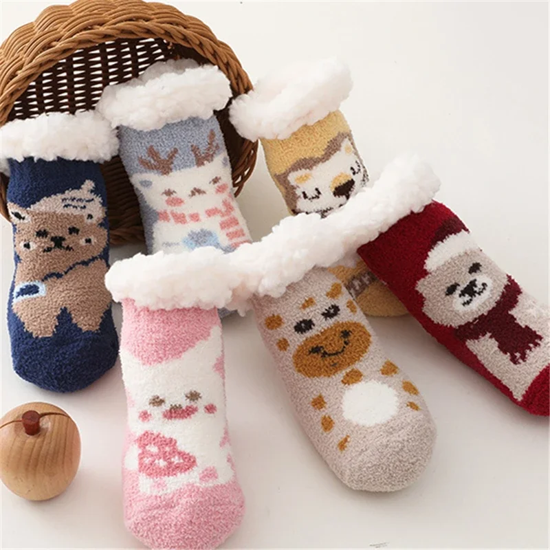 Newborn Christmas Red Socks Baby Silicone Coral Fleece Warm Cute Cartoons Floor Infant Winter Socks for 0-4years Child Kids