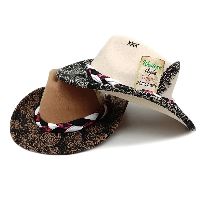 서양 남성과 여성의 가을, 겨울 민족 스타일 재즈 모자, 큰 챙 모자, 모직 복숭아 탑, 카우보이 모자