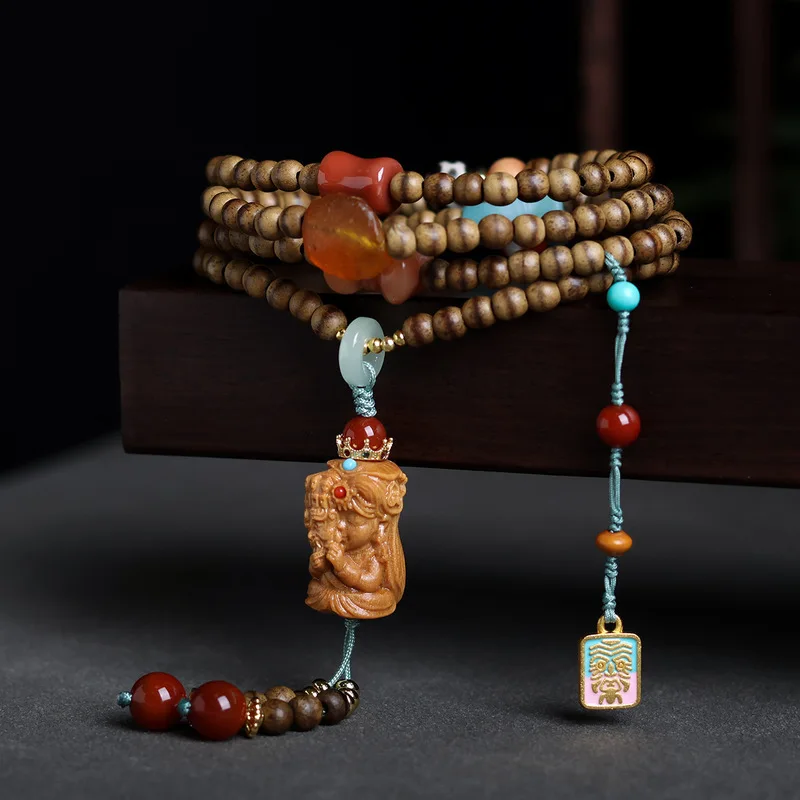 Handmade golden yellow Qi agarwood bracelet, Buddhist prayer beads, Qi Nan hand string, ethnic style jewelry