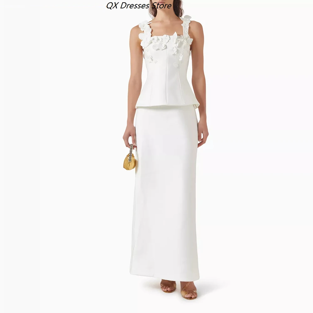 Women's White A-line Cocktail Dresses Ankle-length Square Collar Sleeveless Prom Dresses Simple Fashion Flowers Customized Gowns
