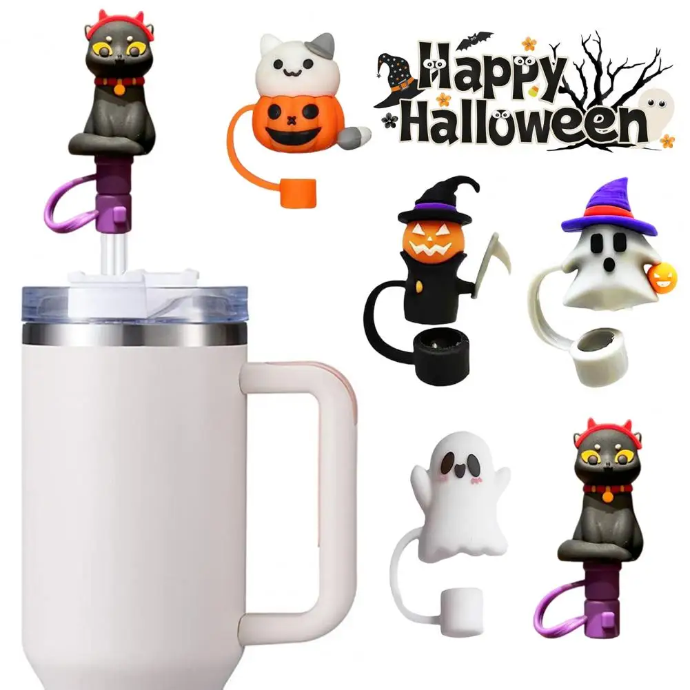 Dust-proof Straw Tips Halloween Straw Hat 5pcs Halloween Silicone Straw Hat Cover Set Cute Ghost Design Cup for Non-slip