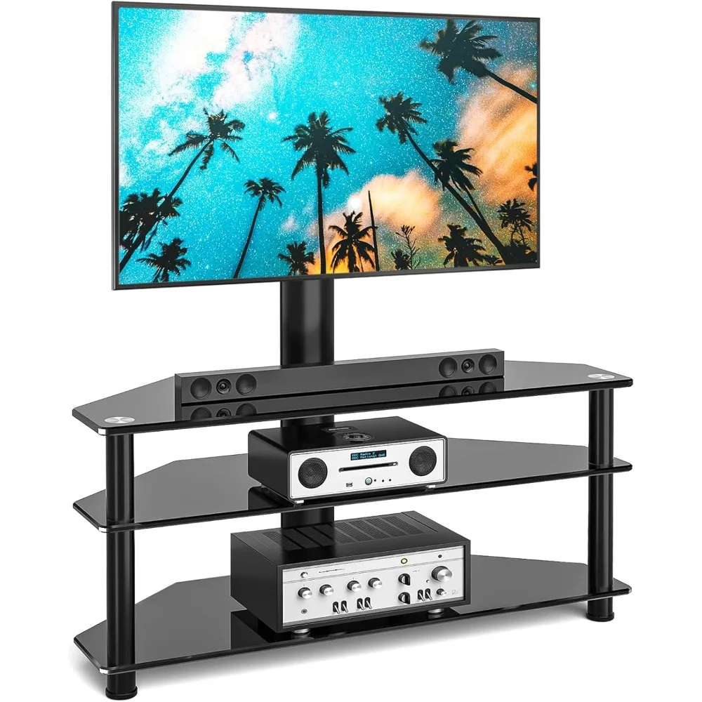 

Corner Swivel Glass TV Stand with Mount for 32-70 Inch Screen TV up to 110lbs, Height Adjustable Corner TV Stand with Mount, En