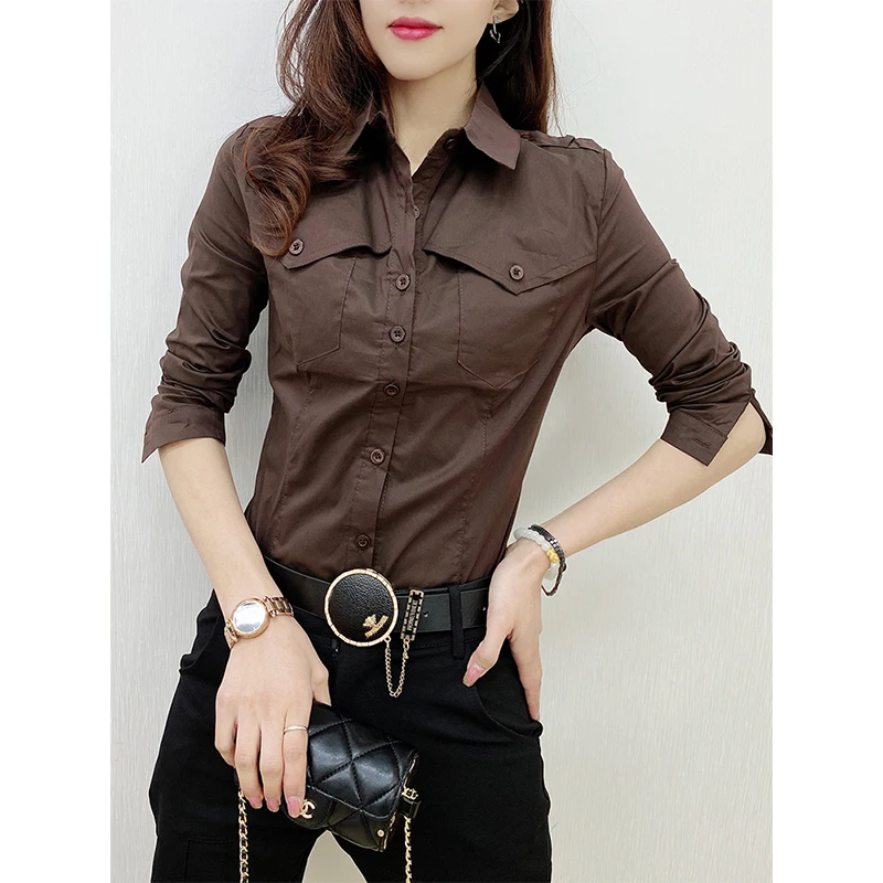 2024 New Fall Winter European Clothes Shirts Office Lady Pockets Blouses Fashion Sexy Button Up Women\'s Long Sleeve Tops 311127