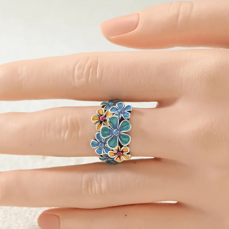 Vintage Colored Enamel Flower Opening Ring For Women Flower Cluster Design Sweet Fashion Ring Romantic Cute Jewelry Gifts