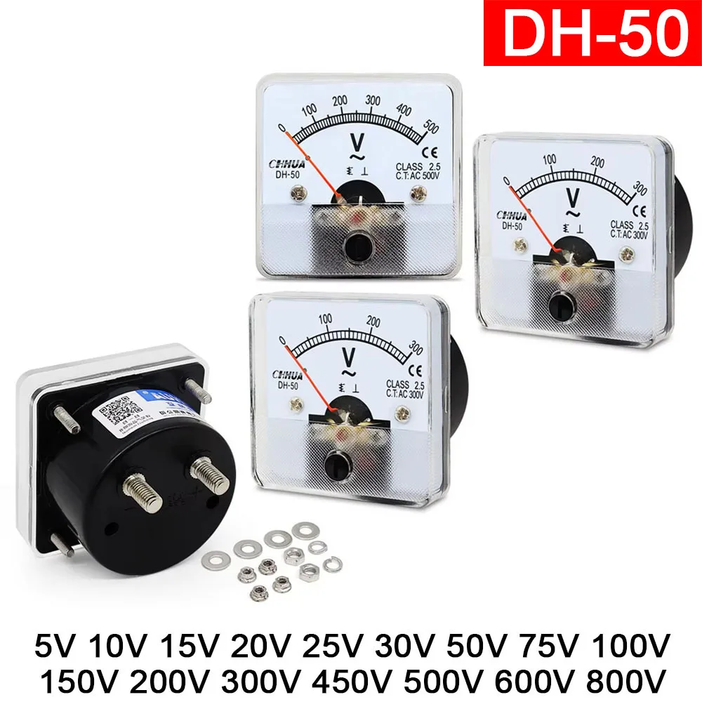 DH-50 AC Voltmeter Pointer Meter 5V 10V 15V 20V 25V 30V 50V 75V 100V 150V 200V 300V 450V 500V 600V 800V Voltage Panel Meter