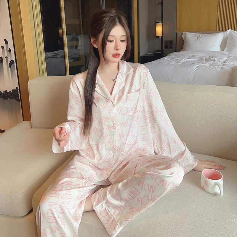 Plus Size Satin Pajamas Set Women Ins Ice Silk Long-sleeved Cardigan Trousers 2 Pieces Sleepwear Soft Comfort Female Loungewear