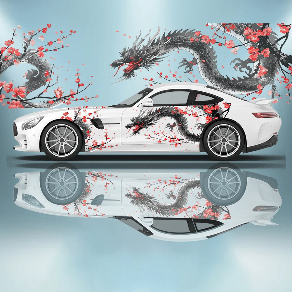 Japanse stijl draak die zich om de bloemtak kronkelde, auto-sticker, volledige bloemendecoratie, die krassen bedekt en beschermt