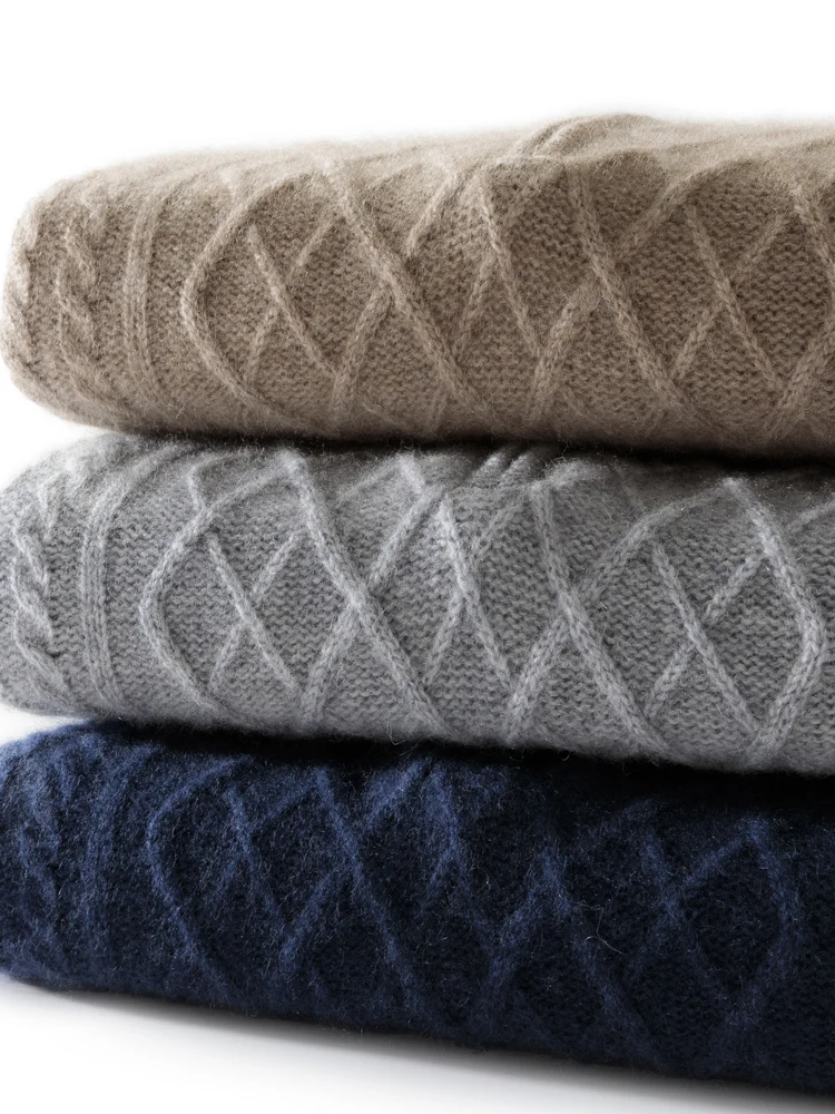 100% pure cashmere sweater men's half-high-neck zipper thickened twisted pattern knitted bottoming cashmere sweater