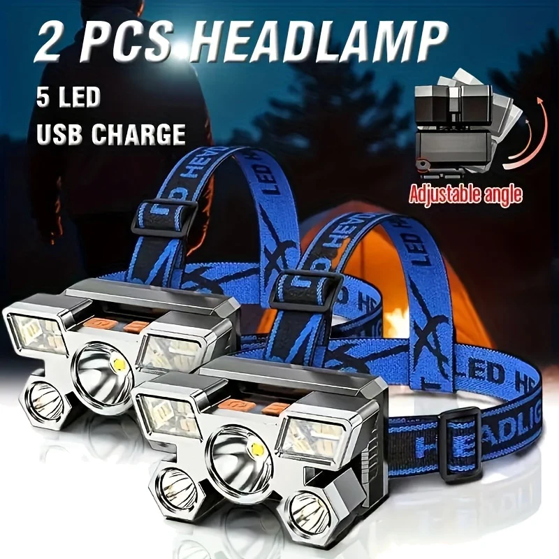 ไฟฉายคาดศีรษะแบบชาร์จไฟได้ทรงพลังสำหรับตกปลา ไฟฉายคาดศีรษะ 5 LED ไนท์คอร์ ไฟฉายคาดศีรษะสำหรับตั้งแคมป์ ไฟฉายสำหรับล่าสัตว์ ไฟฉายคาดศีรษะสำหรับเดินป่า