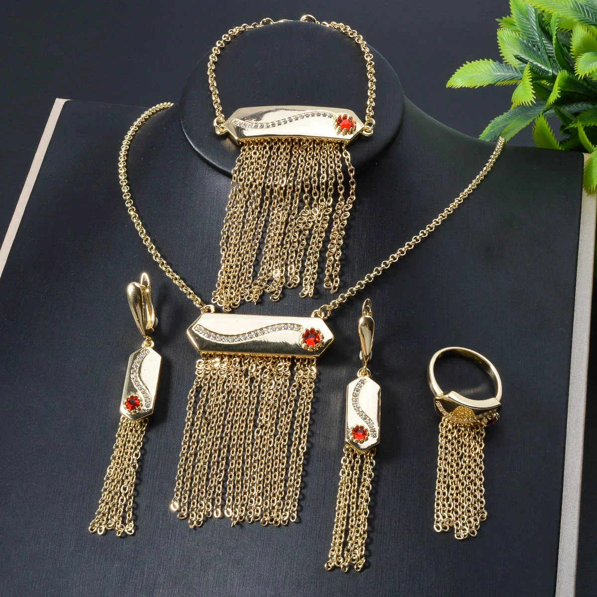 ZEADear Tassels Jewelry Sets 4PCS Luxury Zircon Necklace Pendant Wedding Ring Earrings Gold Color Necklace Women