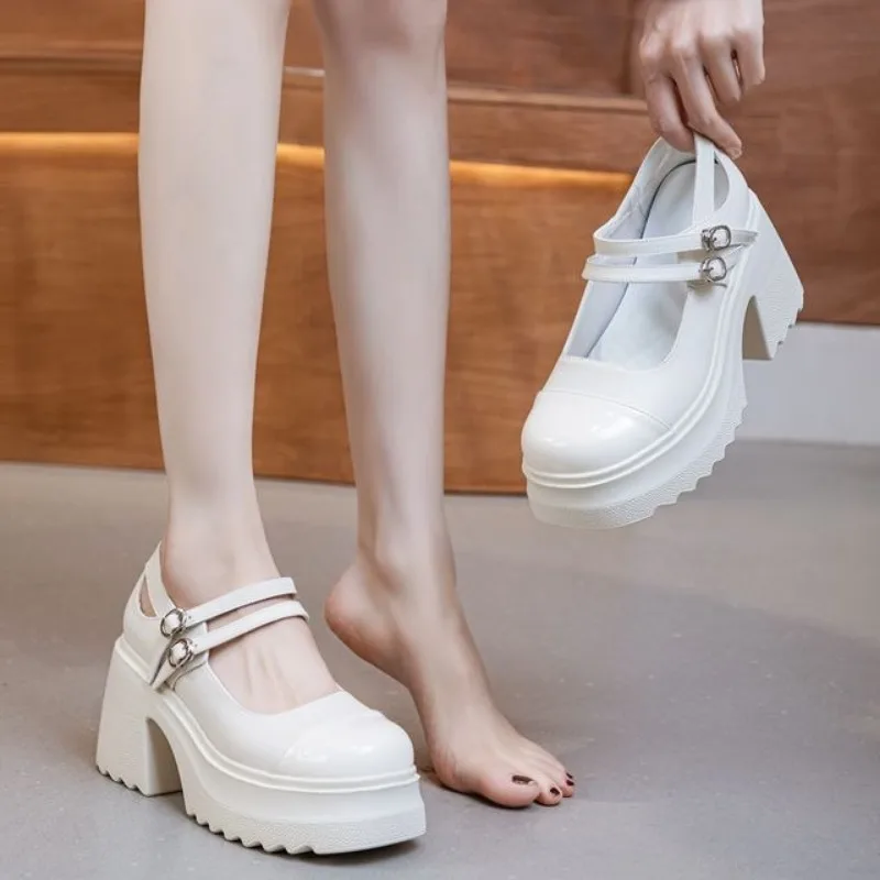 Fujin 10cm Patent Genuine Leather Breathable Pumps Summer Ankle Boots Chunky Heels Mary Jane Buckle Platform Autumn Spring Shoes image 4