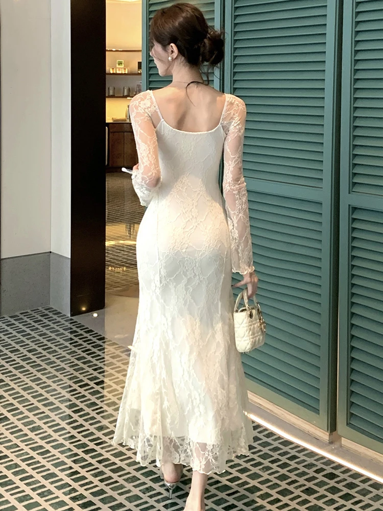 Otoño blanco encaje Jacquard manga larga con cuello en V vestido largo Sexy 2025 vestido de fiesta de lujo coreano mujeres elegante vestido de noche ajustado