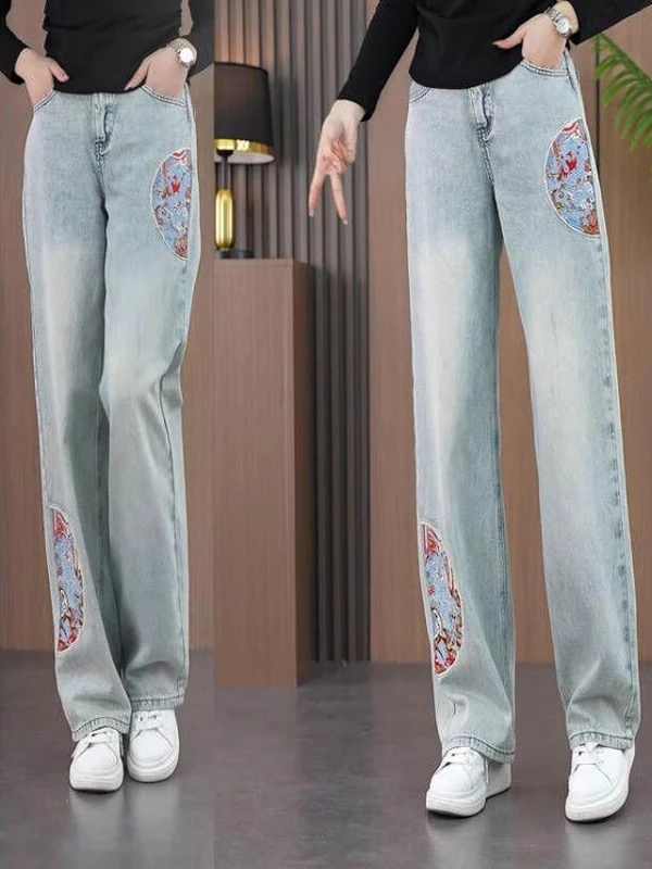 

Spring 2025 New Chinese Sle Embroidered Slim Fit Straight Leg Jeans Women's Wide Leg Pants High Waist Long Pants Faionable