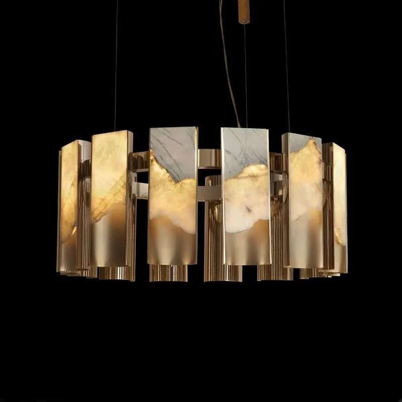 

Brass Spanish Marble Lustre Chandelier, Dimmable Long Aluminum Pendant Lamp & Wall Light for Villa, High-End Light for Ceilings