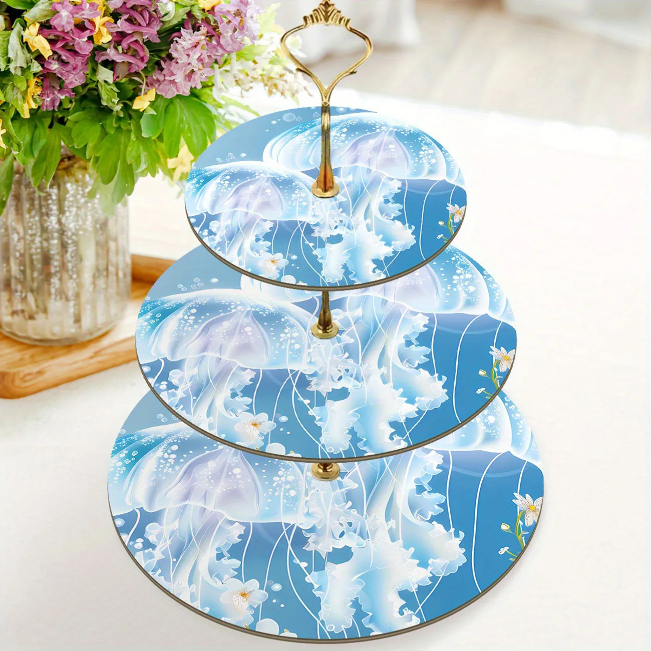 1-piece set of 3-layer wooden floral themed cake rack, securely decorated cake tray, detachable dessert display stand