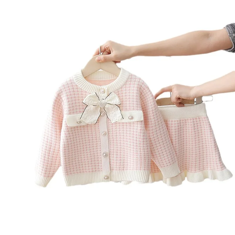 Autumn Toddler Kid Girl 2PCS Clothes Set Cotton Knotbow Pearls Button Knitted Cardigan Suits Plaid Warm Skirts Baby Girl Outfits