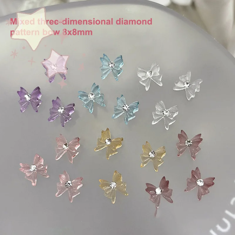 20PCS Round Rhinestone Nail Bow Charms Ice Transparent Crystal Bowtie Jewelry Diamond Resin Ribbon Gems Accessories