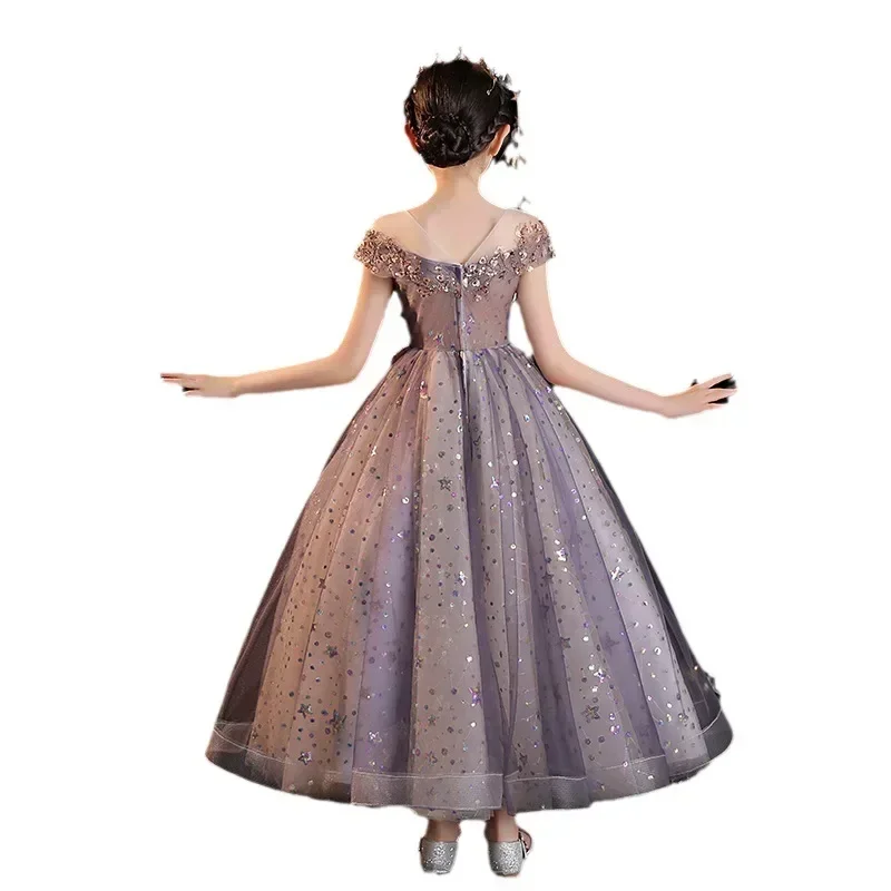 Robe de princesse de style occidental violet nickel é pour enfants, robe de fille de fleur, hôte, spectacle de marche, nouveau, printemps, 2024