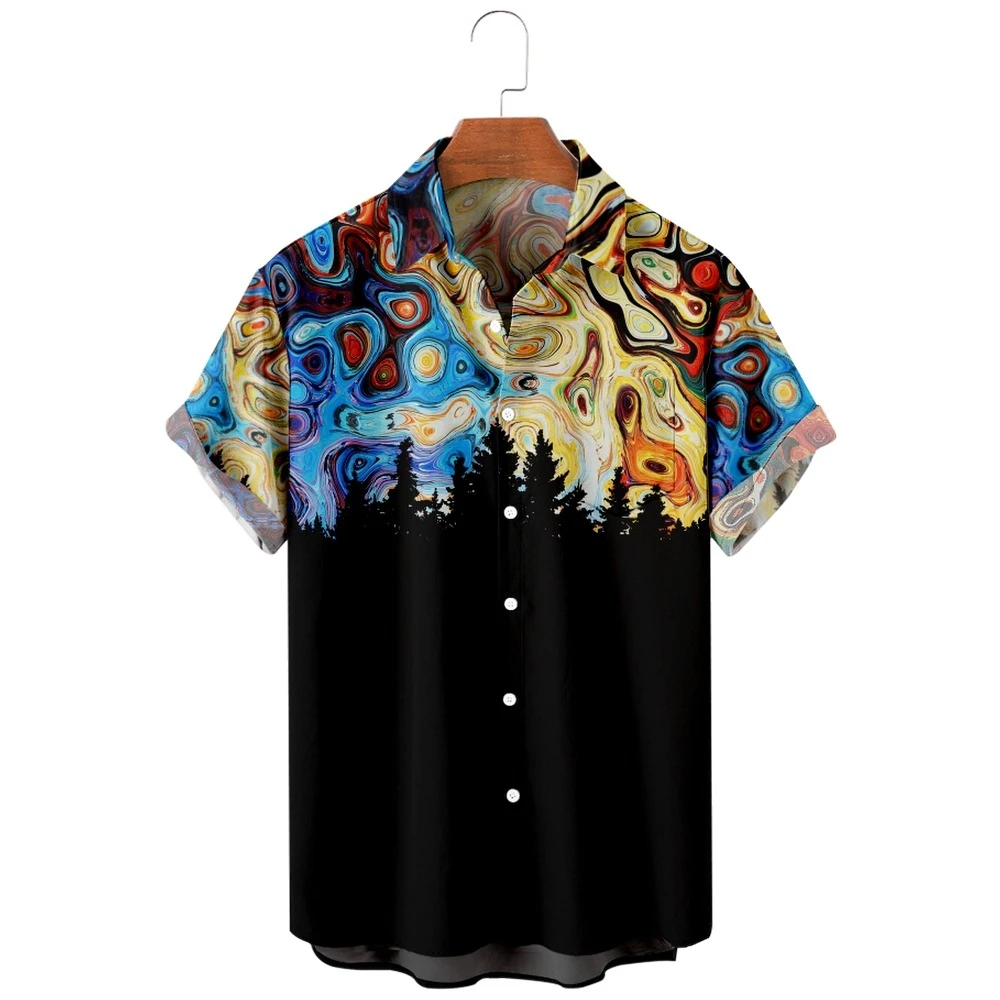 2022 Psychedelic Rainbow Swirl Pattern Print Shirt, Fashion Casual Psychedelic Retro Art Style, Summer Pocket Shirt for Men