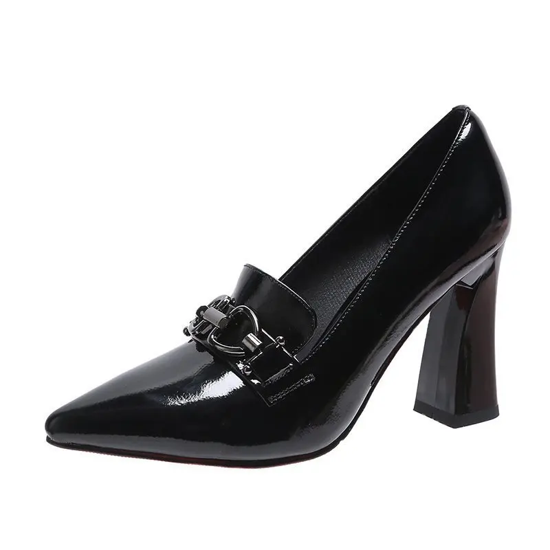 Comemore 2024 High Heels Dress Shoes Zapatos Mujer Pointed Toe Woman Pumps Black Brown Patent Leather Chain Slip on Square Heel