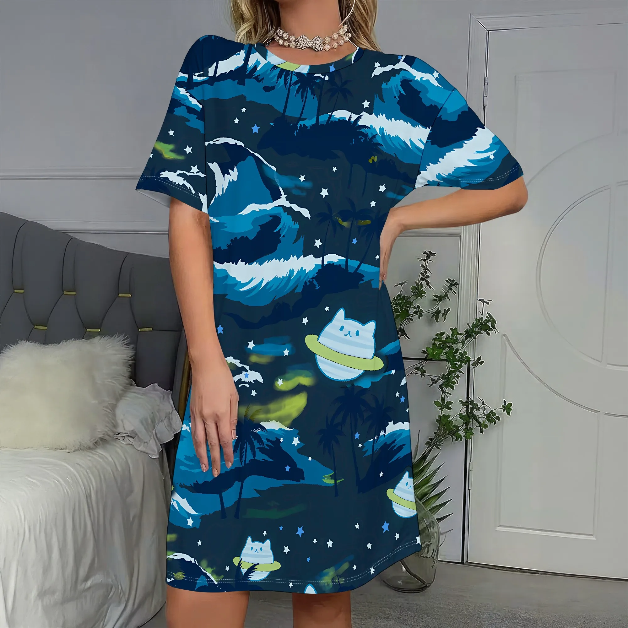 

Cute Cat Space Print, Short Sleeve Dress, T-Shirt Dress, Beach Cover Up, Summer Casual Wear, S-2XL