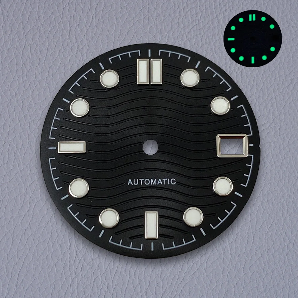 28.5mm S 로고 다이얼 NH35/NH36/4R/7S 일본 무브먼트 녹색 빛나는 고품질 다이얼 시계 수정 액세서리