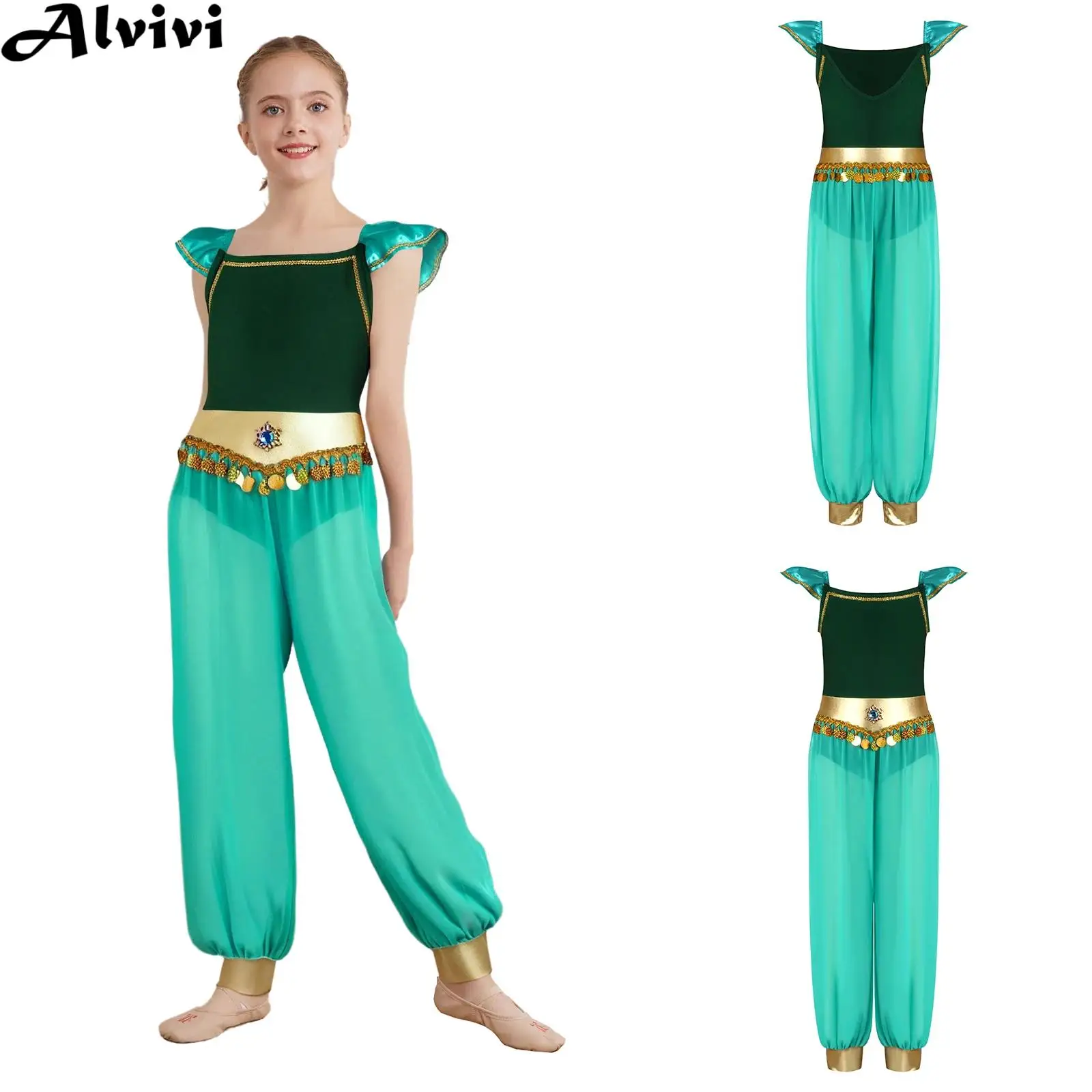 

Kids Girls Rhinestone Sequins Sides Slit Belly Dance Jumpsuit Halloween Theme Party Fairy Tales Arabian Princess Cosplay Costume