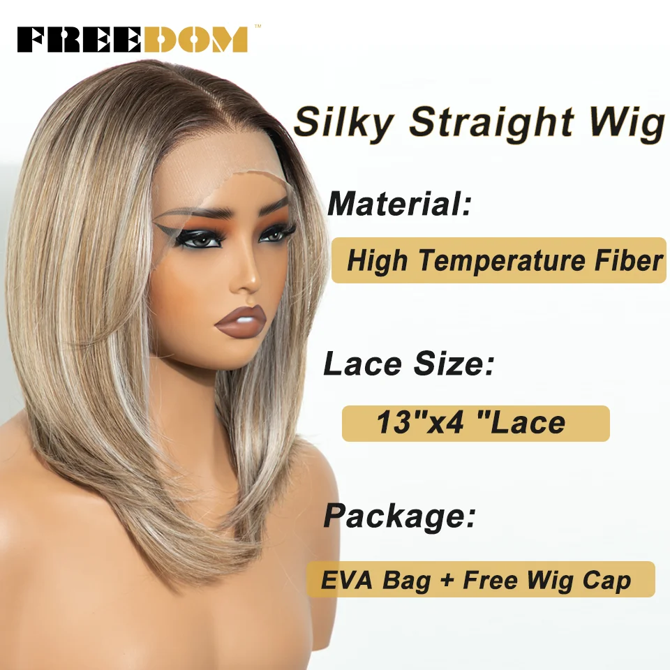 FREEDOM 13X4 Synthetische Lace-Front-Perücken für Frauen, kurze Bob-Perücke mit Pony, vorgezupfte Ombre-Braun-Blond-Spitzenperücke für den täglichen Gebrauch. – Detail 4