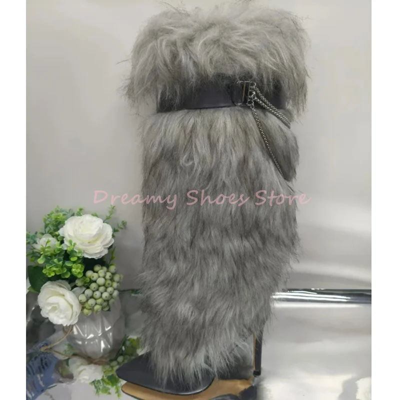 

Pink Plush Metal Chain Pointed Knee High Boots Women Leather Slip On Stiletto Boots Sexy Fashion Trendy Party Ladies Winter Shoe