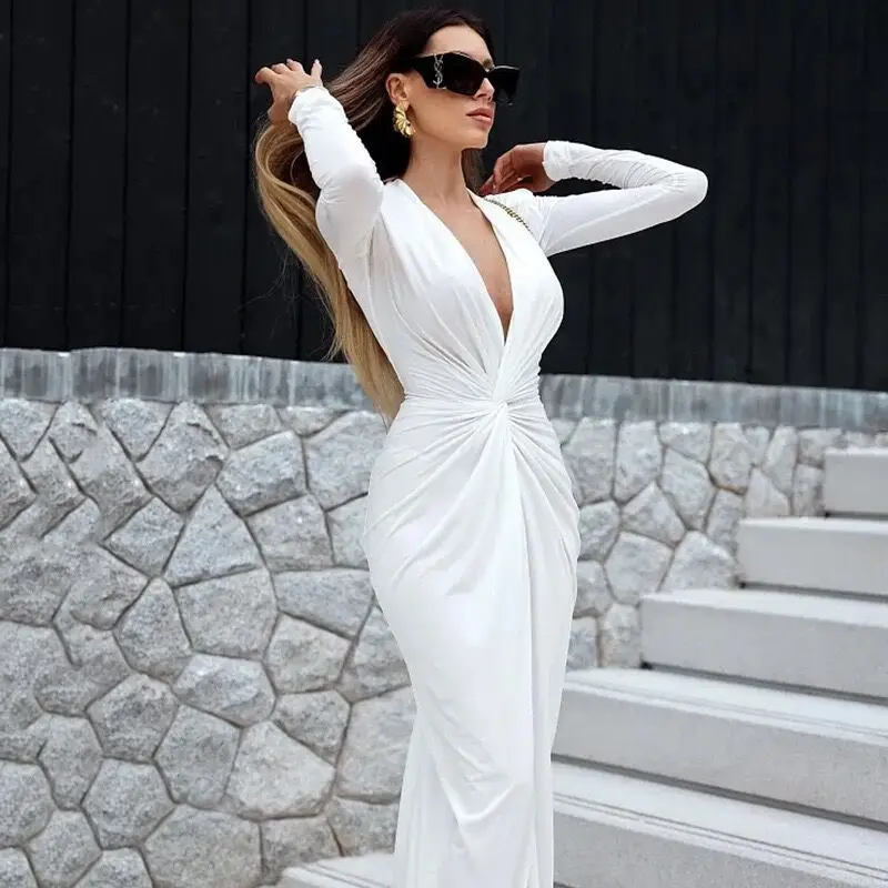 Elegant Split Solid Sexy Club Women Dresses Long Sleeve Deep V Neck Bodycon 2024 Fashion Streetwaer Slim Female Vestidos Dress