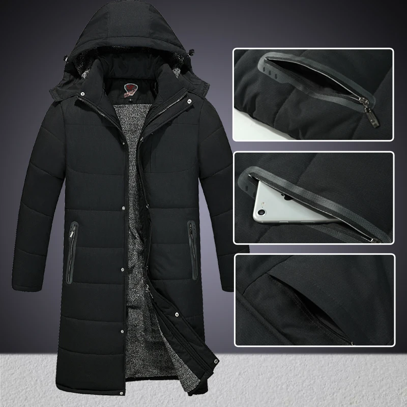 Winter Long Jacket Men's Fashion Business Thickened Fleece-lined Warm Hooded Parka Men's Camping Snow Cold-proof Padded Coat 5xl