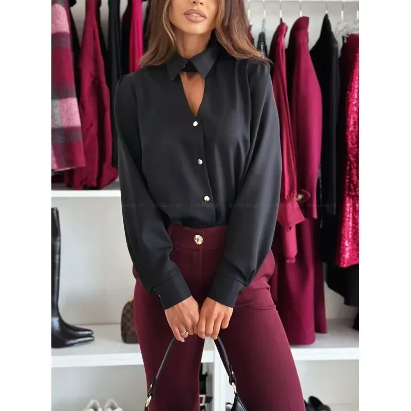 

Women's Fashion Solid Color Long Sleeved Casual Lapel Blouse Shirt Ladies Casual Hollowed Out Single Breasted Shirt