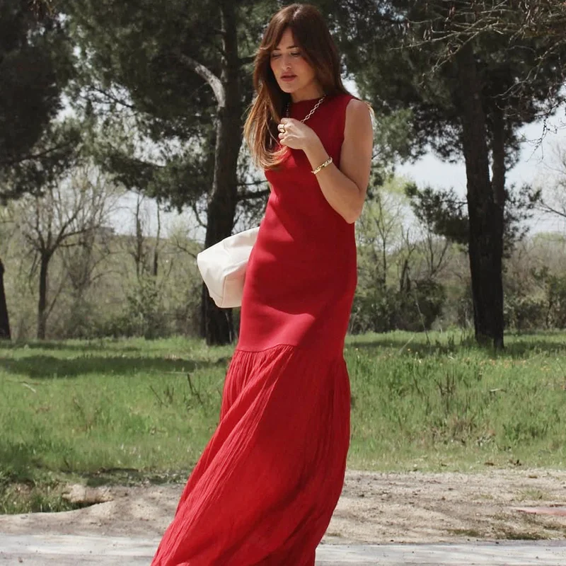 HXAO Red Dress Women's Dress Spring Summer 2025 Ruffled Knit Patchwork Long Dresses Casual Party Dresses Chic Sleeveless Vestido