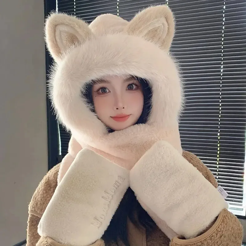 Set Sarung Tangan Syal Topi Tebal Baru, Topi Beanie Wanita Berbulu Lembut untuk Menghangatkan, Topi Pelindung Telinga Anti Angin dengan Telinga Rubah untuk Bersepeda